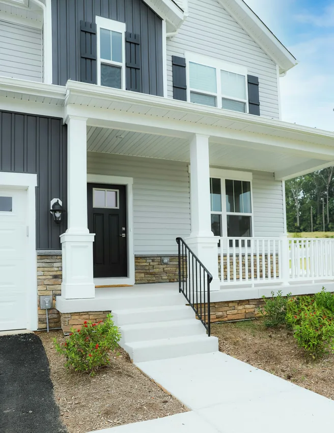 Newly built gray and white home with front porch