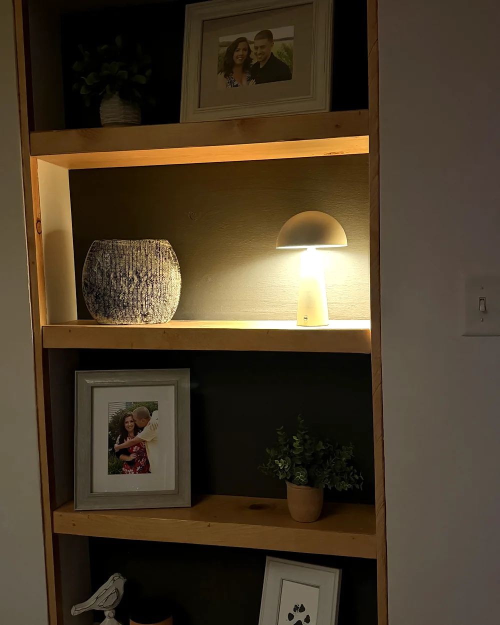 Completed recessed display shelving with natural wood shelves and styled decor